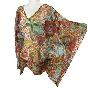 Susan Graver Womens Sz M Sheer Kaftan Top Kimono Abstract Floral Boho Resortwear